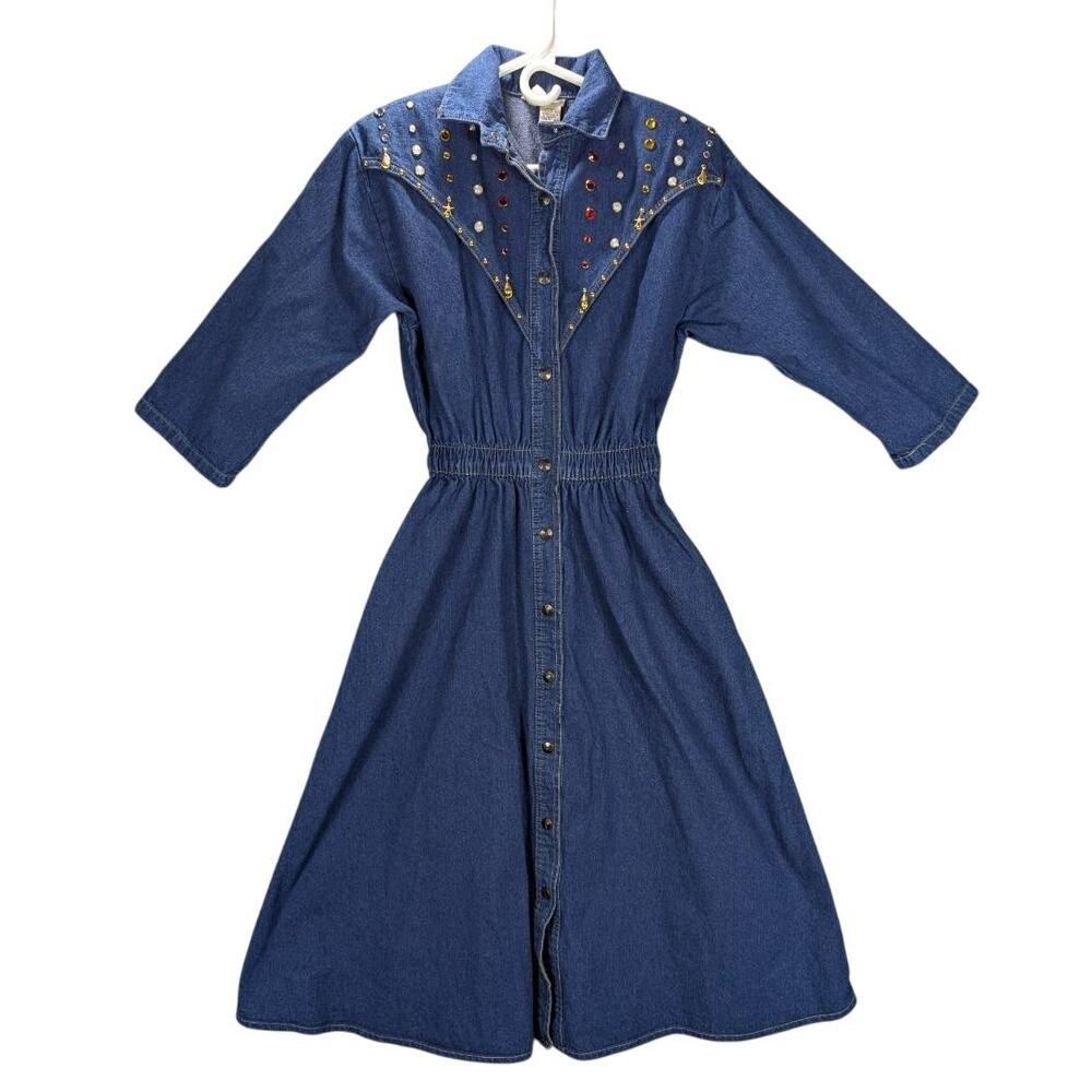 Vtg Dreams Denim Dress Womens Small Half Sleeve Snap Rhinestone Yoke Western